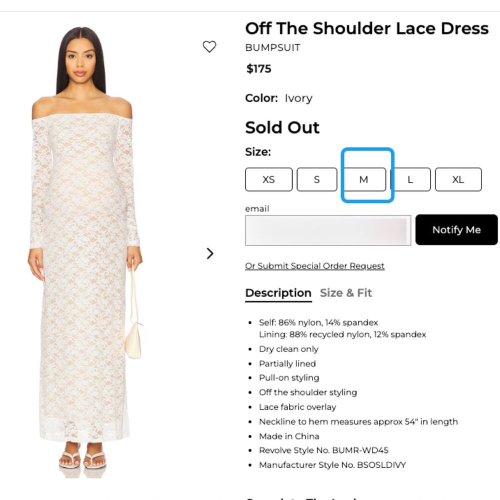 BUMPSUIT Off The Shoulder Lace Dress - Ivory - Size MEDIUM